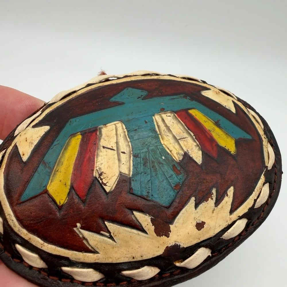 VTG Justin Leather Belt Buckle Hand Tooled Thunderbird Painted Oval 61-P‎